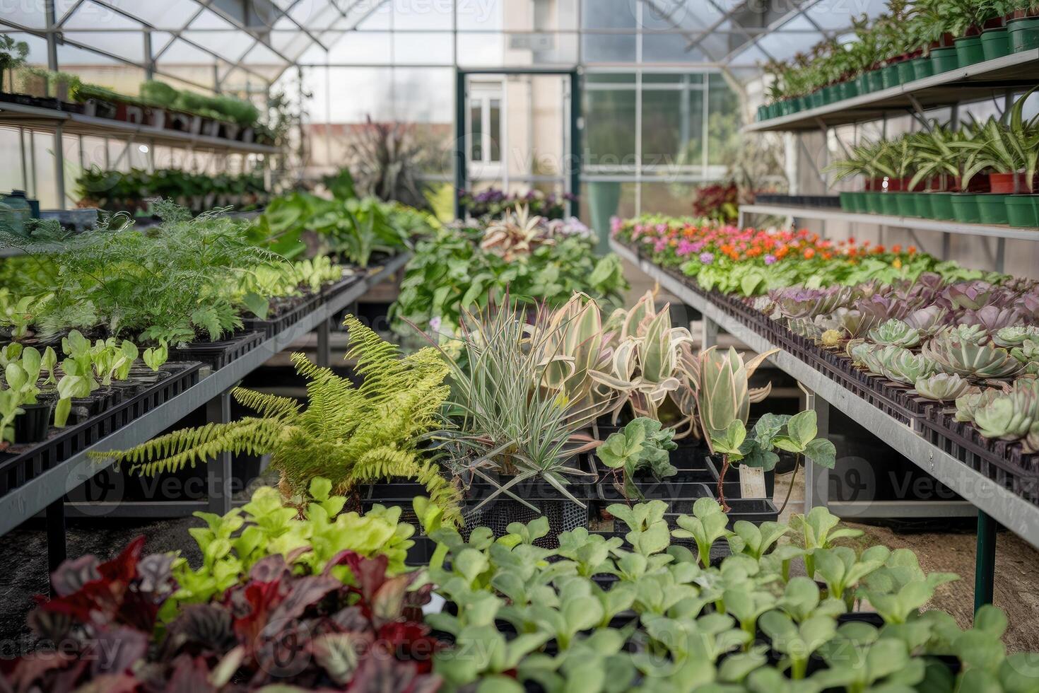 Many plants growing in greenhouse nursery getting ready for spring planting photo