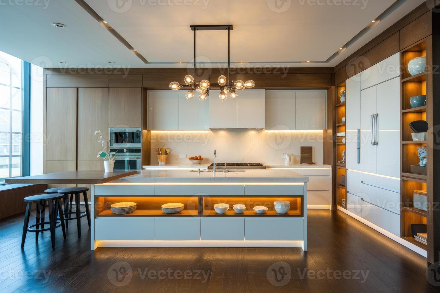 Modern kitchen boasting sleek white countertops and warm wood cabinets photo