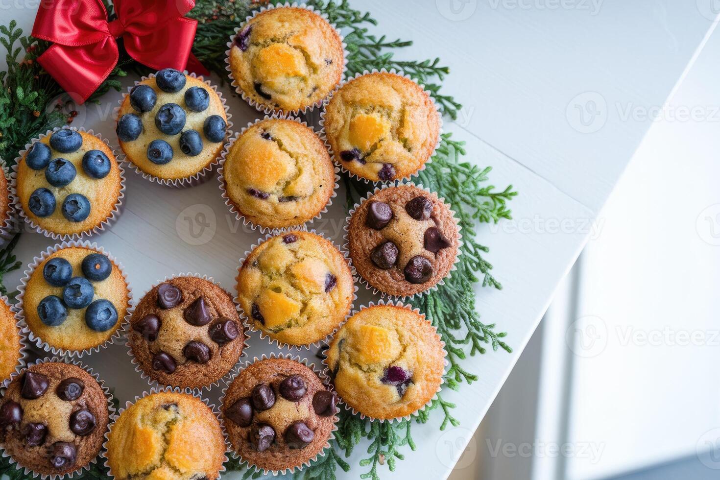 Christmas wreath made of delicious chocolate and blueberry muffins photo