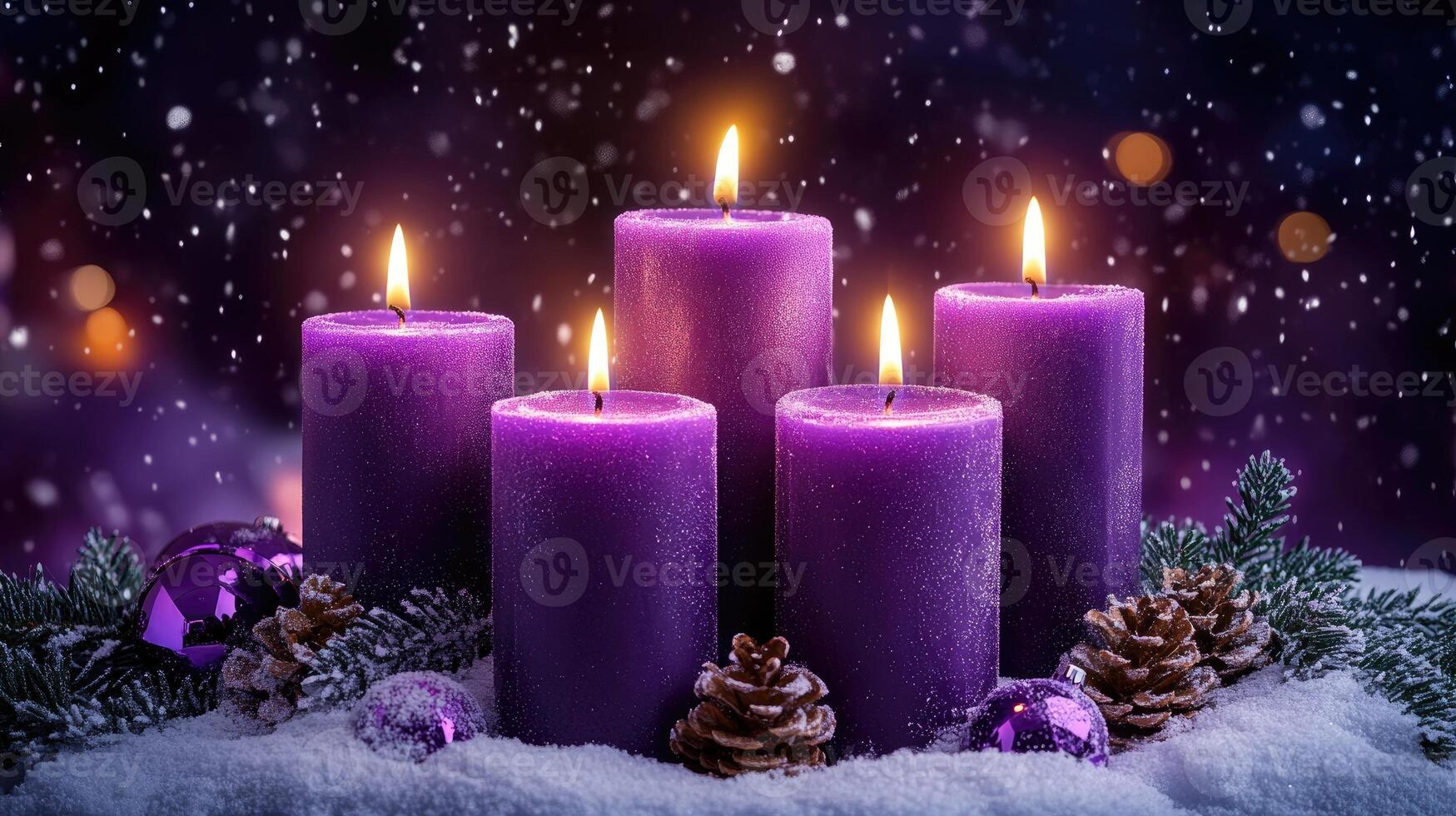 Five purple advent candles burning with christmas ornaments and pine cones in snow photo