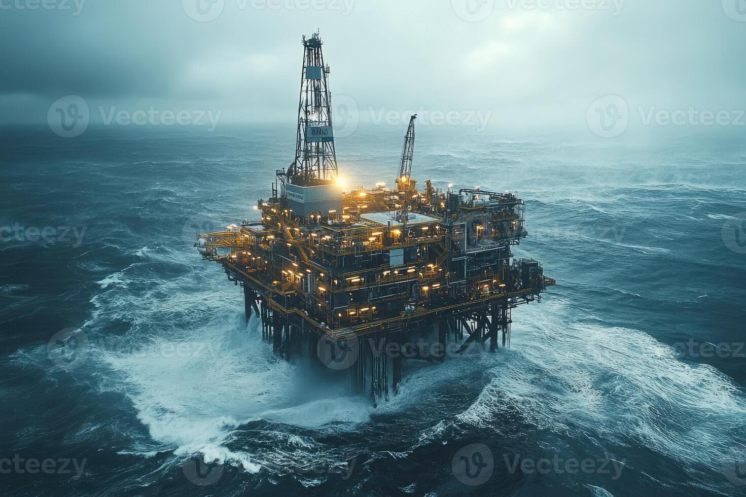 Oil rig extracting petroleum on rough sea during storm at dusk photo