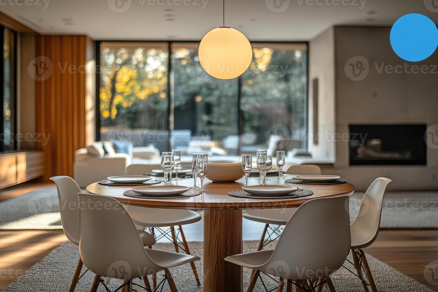 Round dining table illuminating modern interior design photo