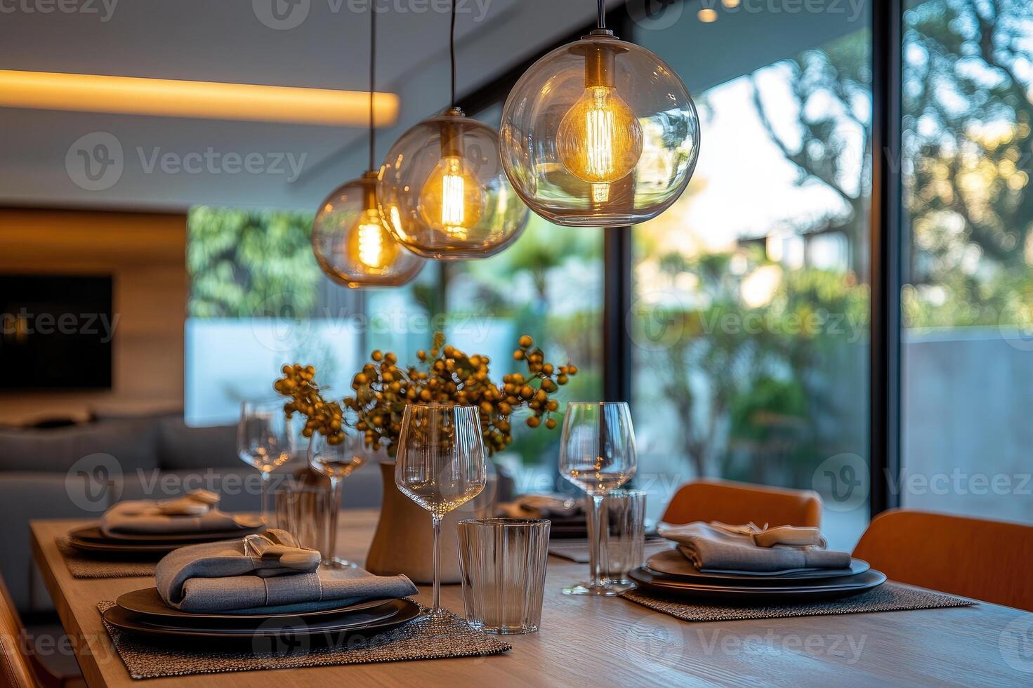 Modern dining room table decorated and illuminated with hanging lights photo