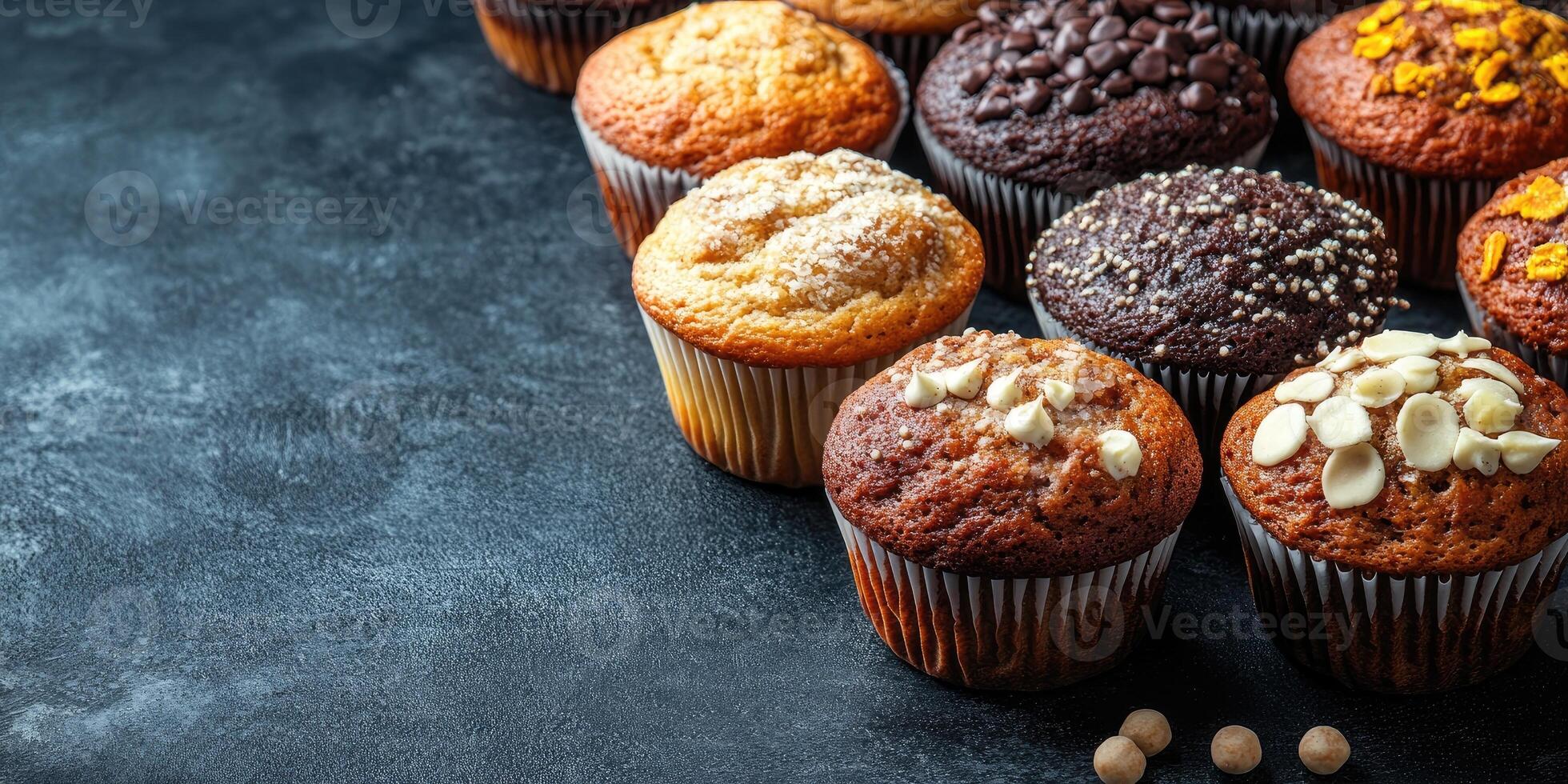 Delicious assorted muffins lying on dark background photo