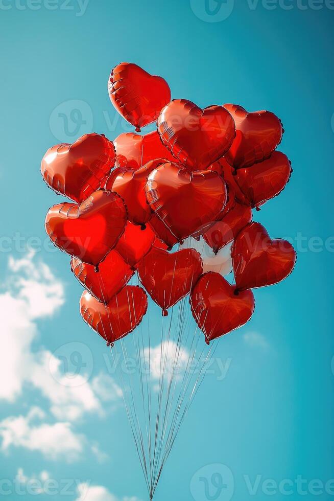 Red heart shaped balloons floating in the blue sky photo