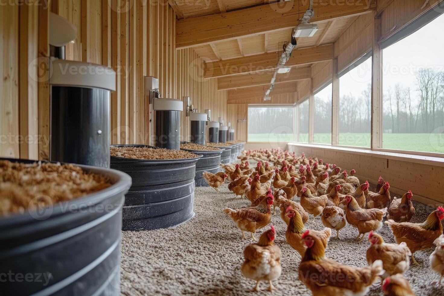Chickens farming inside modern barn poultry breeding in sustainable agricultural facility photo