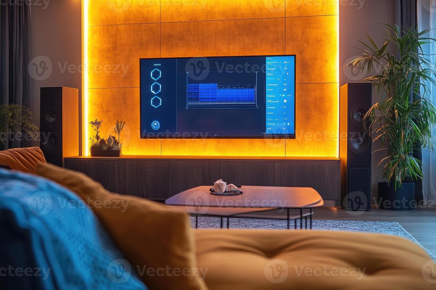 Modern living room showing smart home automation system on tv screen photo