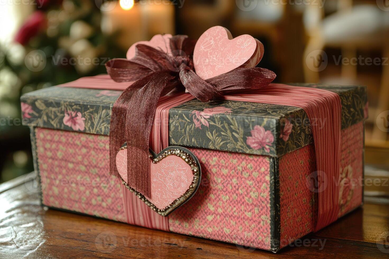 Pink gift box decorated with hearts and ribbon symbolizing love and affection photo