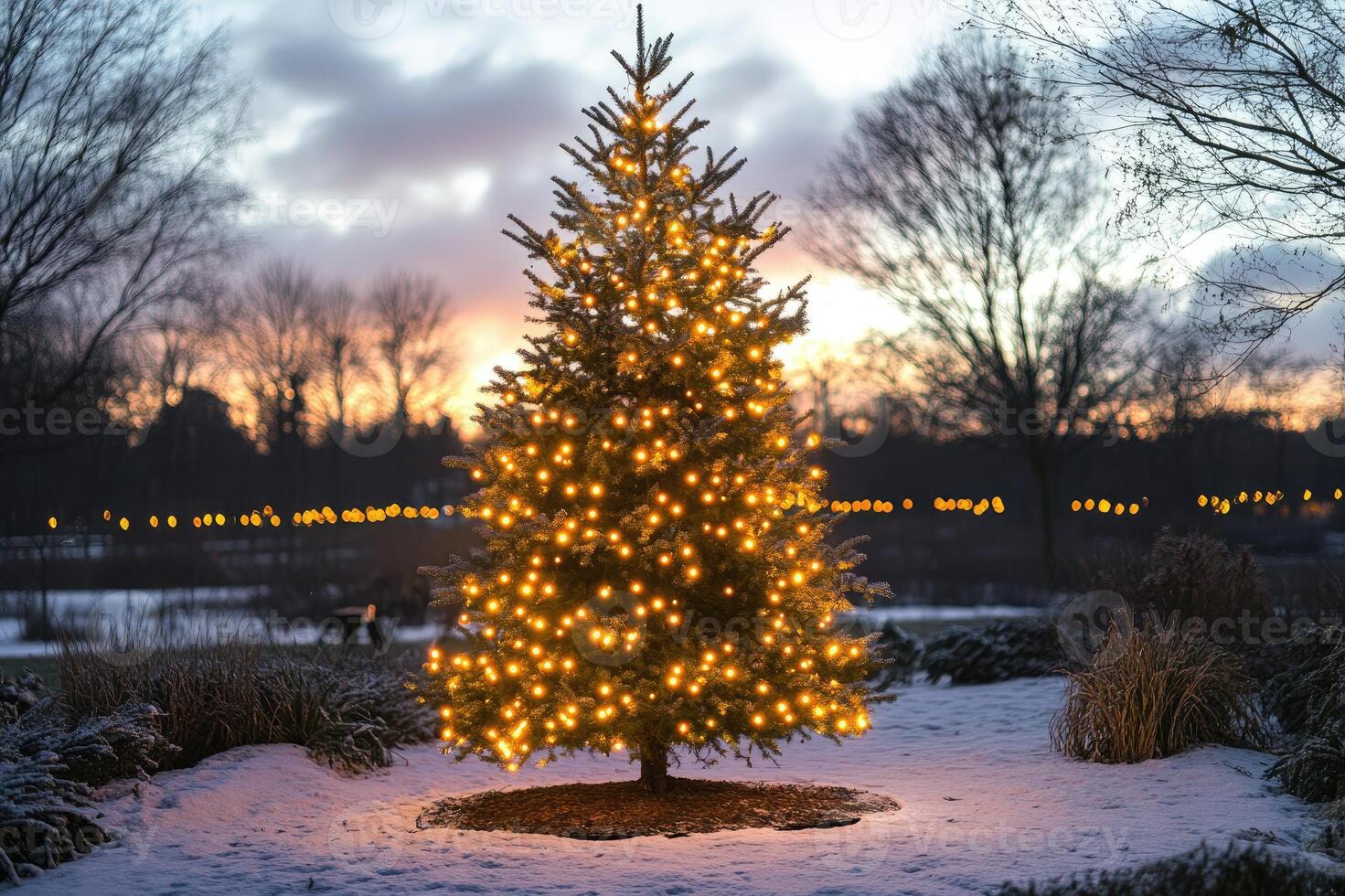 Christmas tree shining in snowy garden at twilight photo