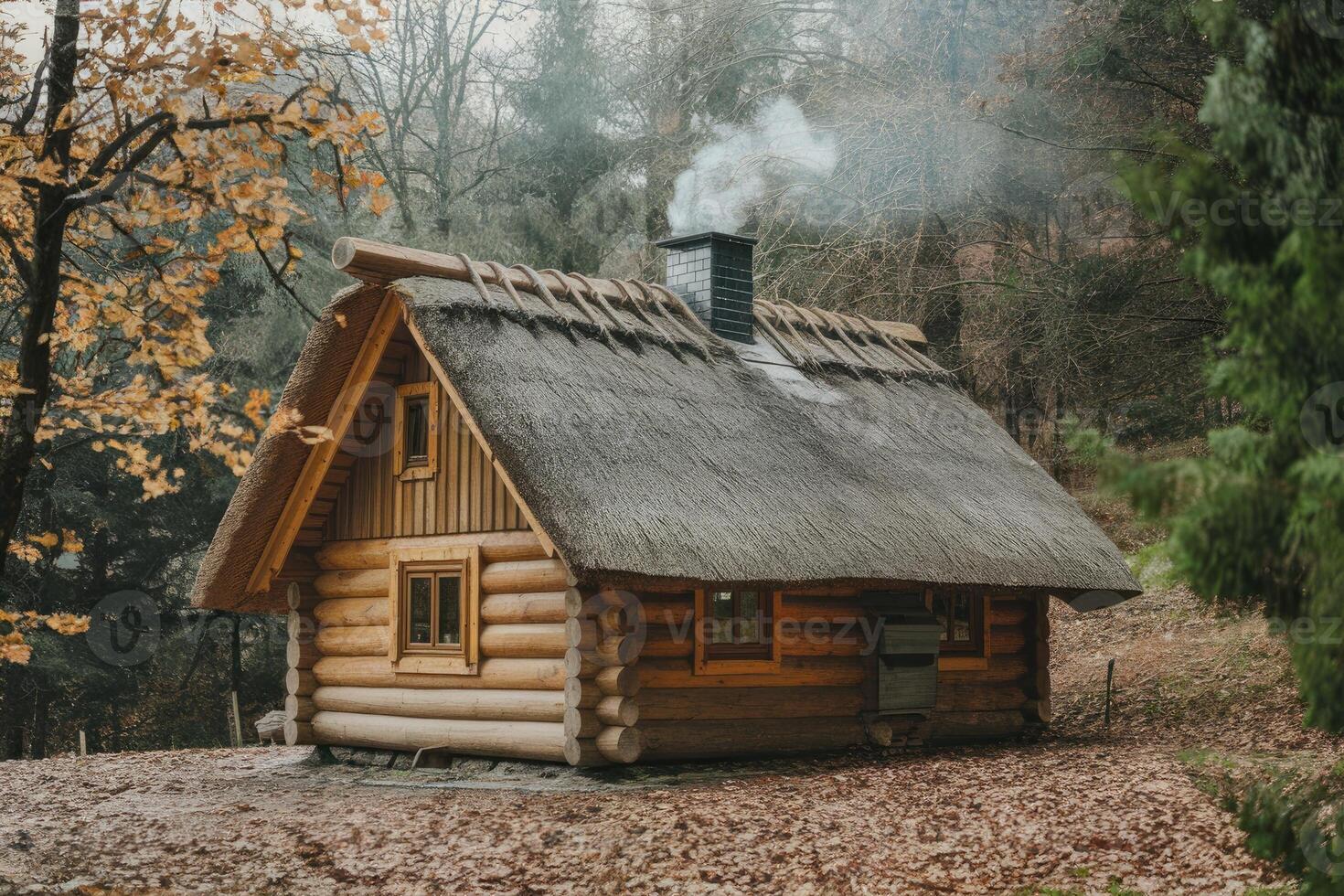 Cozy wooden cabin with smoking chimney in autumn forest photo