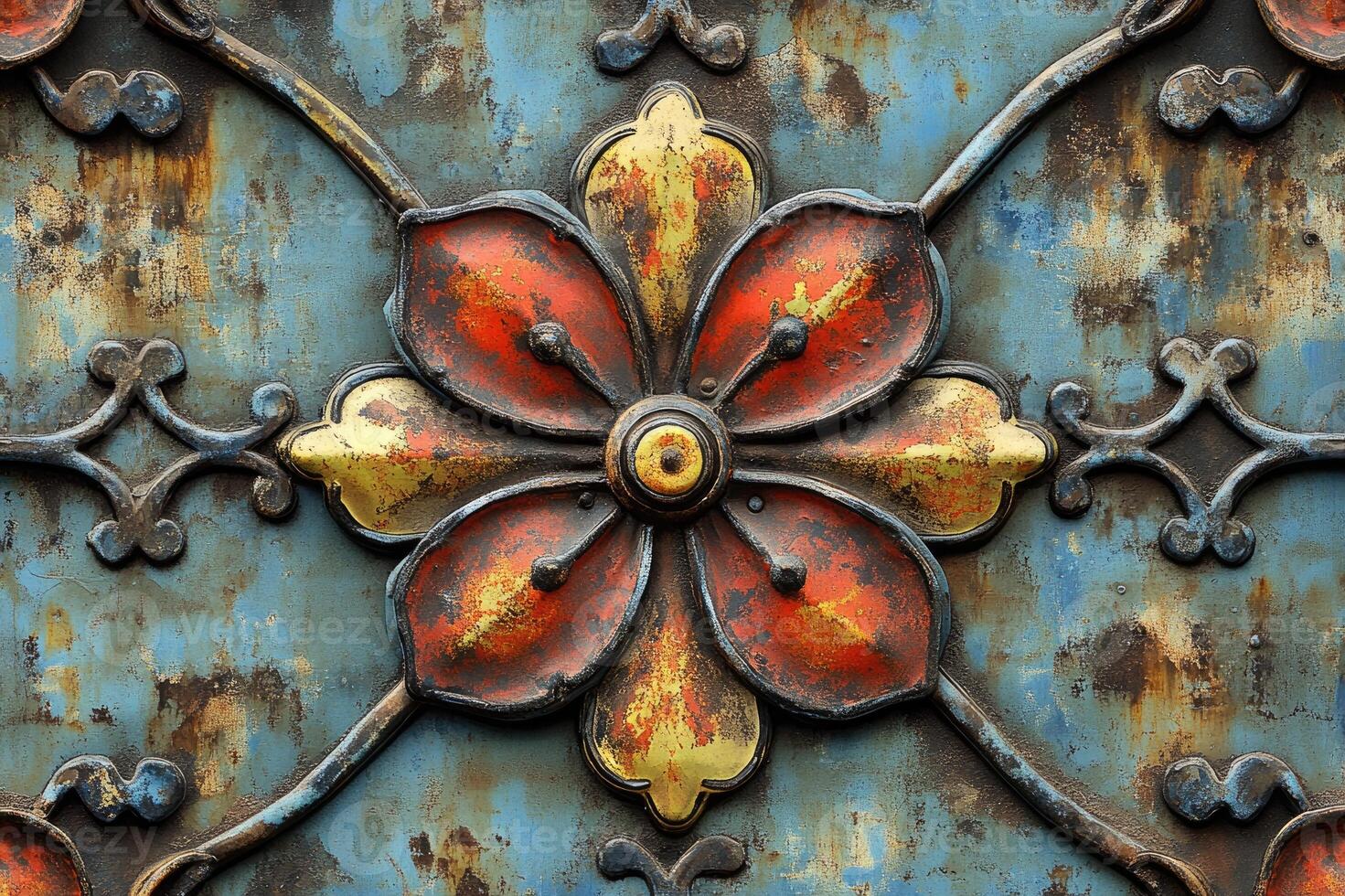 Rusty metal plate showing colorful flower and cross decoration photo