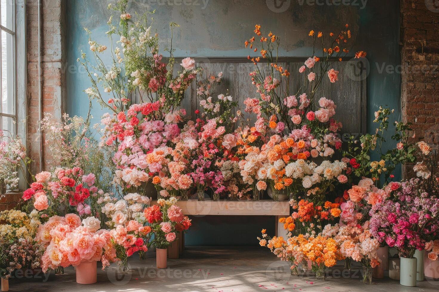 Colorful flower arrangements decorating rustic workshop photo