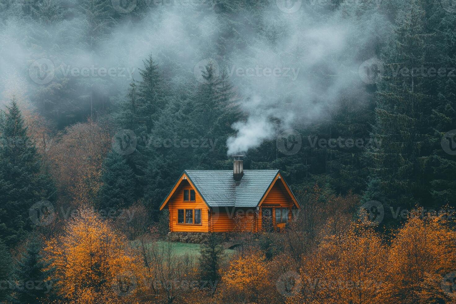 Cozy log cabin emitting smoke in a misty autumn forest at twilight photo