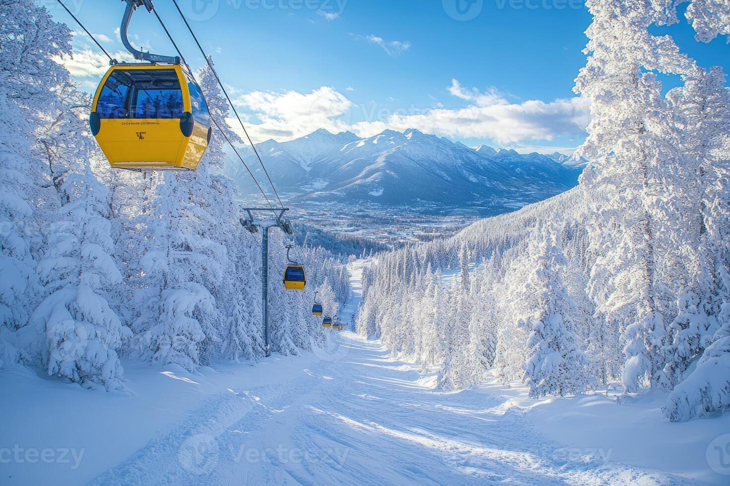 Cable cars ascending snowy mountain slope in winter resort photo