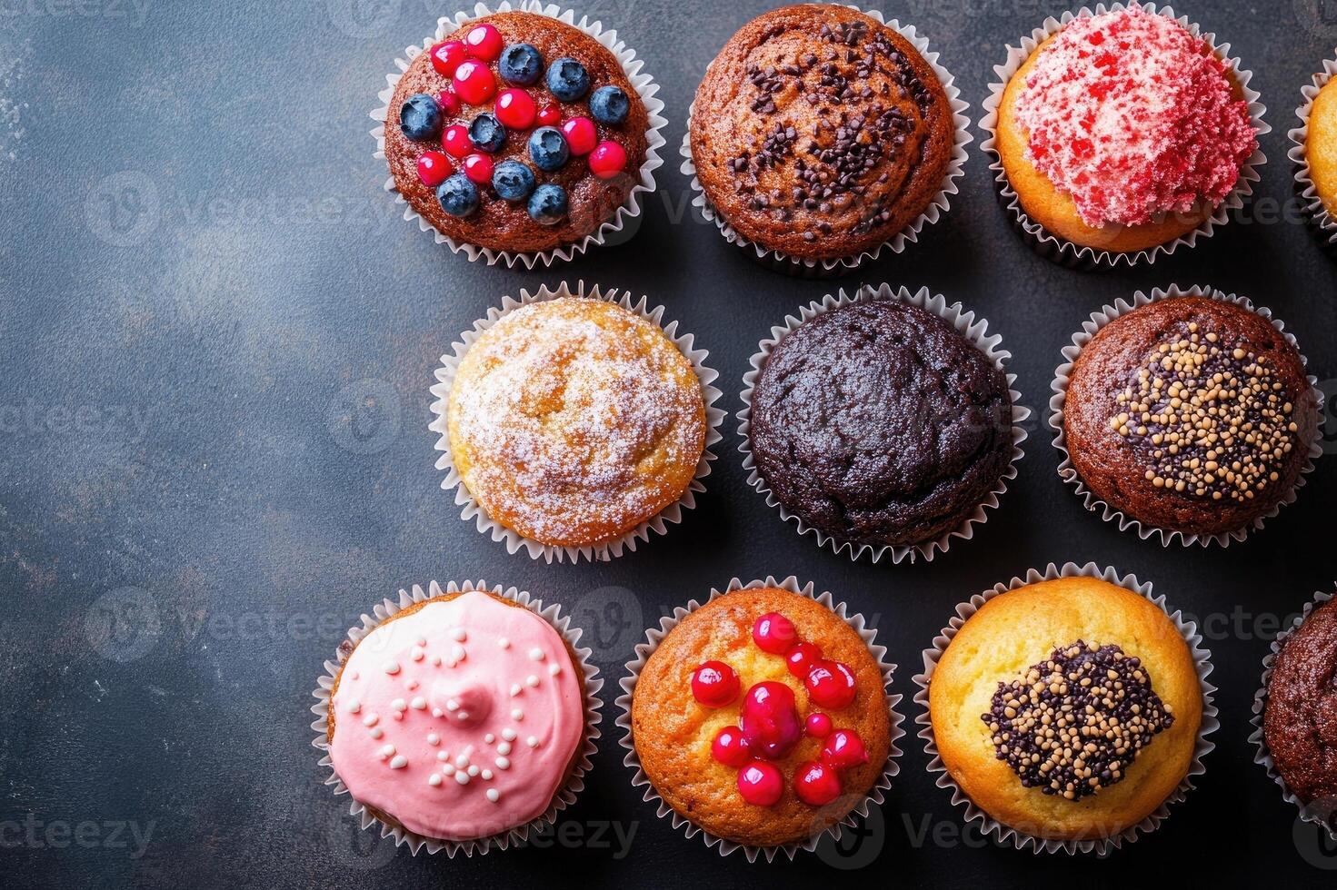 Delicious variety of colorful cupcakes displayed on dark background photo