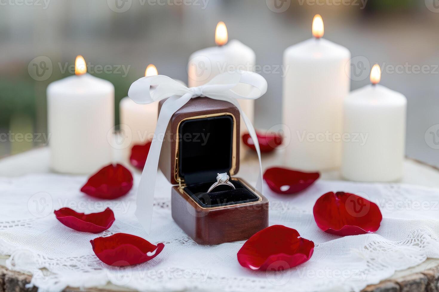 Engagement ring in wooden box surrounded by candles and rose petals proposing marriage photo