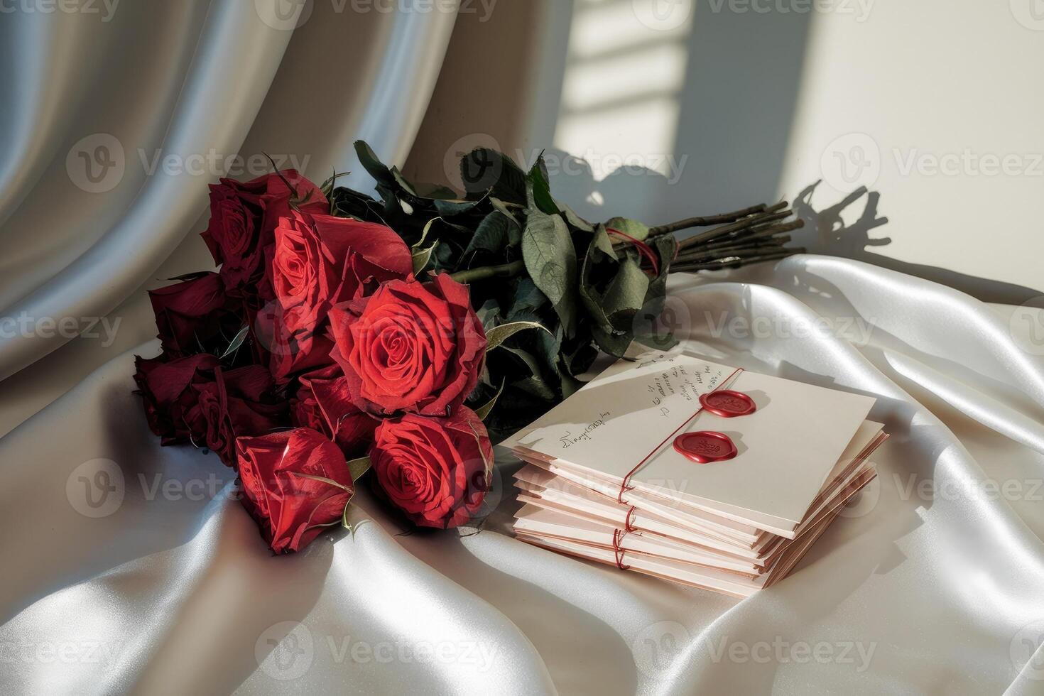 Red roses and handwritten letters with wax seal create a romantic atmosphere photo