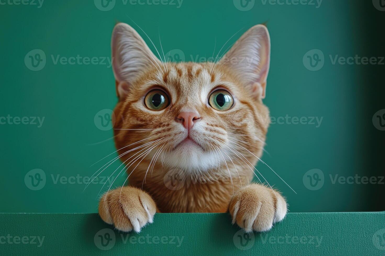 Curious ginger cat peeking over green surface with wide eyes photo