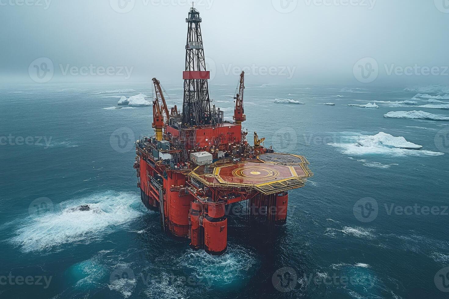 Offshore oil rig platform drilling in the arctic ocean, surrounded by icebergs and fog photo