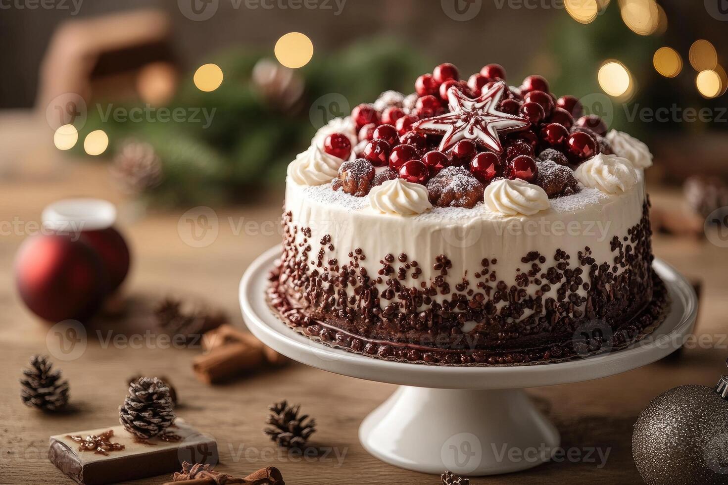 Delicious christmas cake decorated with red berries, whipped cream and star-shaped candy on table photo