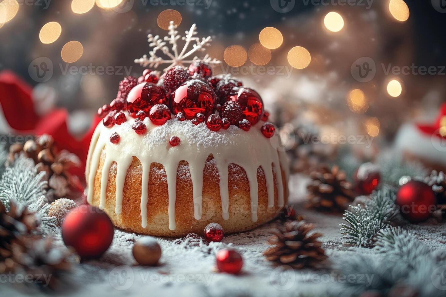 Christmas bundt cake decorated with red berries and icing dripping on snowy table photo