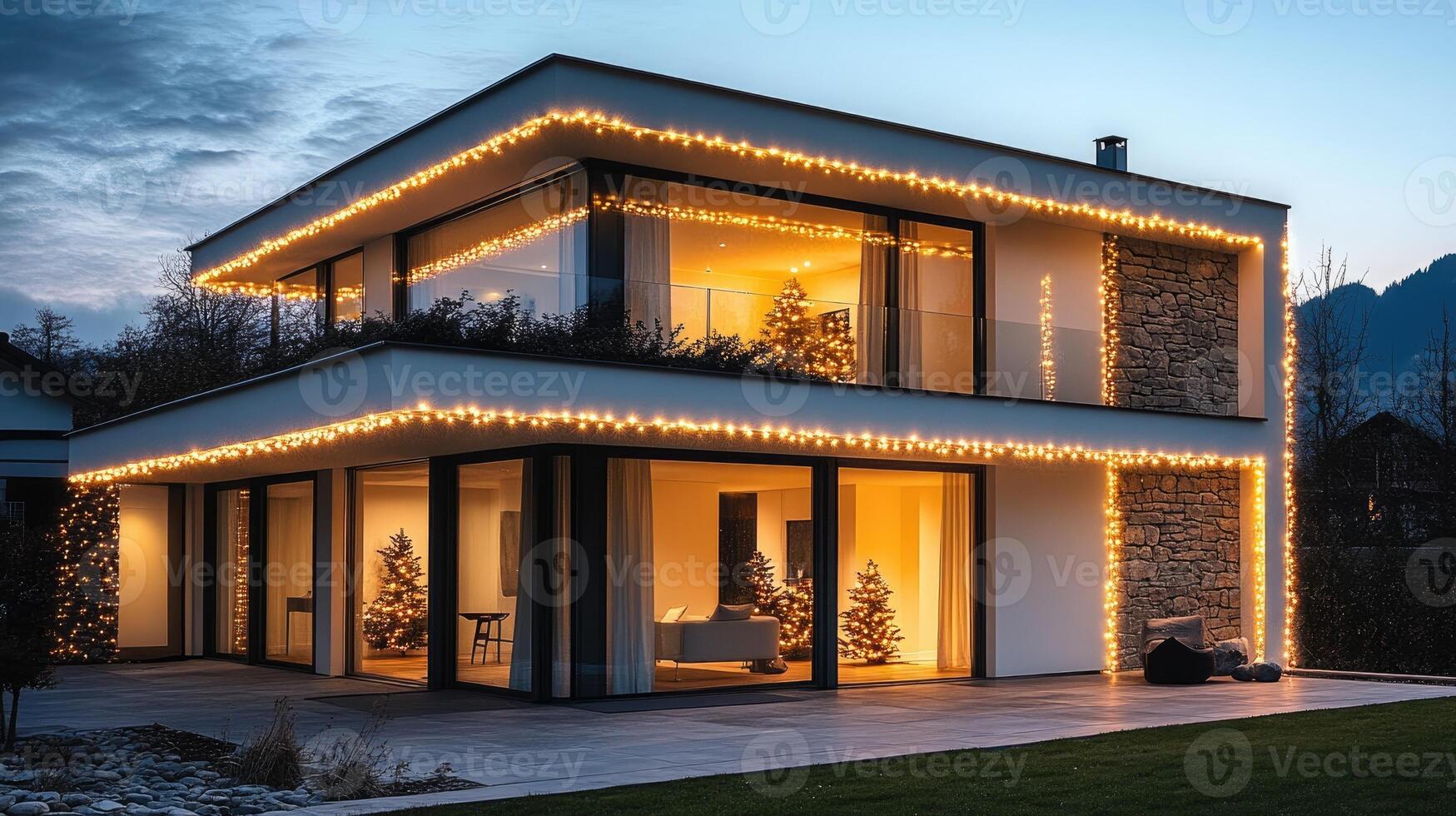 Modern house decorated with christmas lights at twilight photo