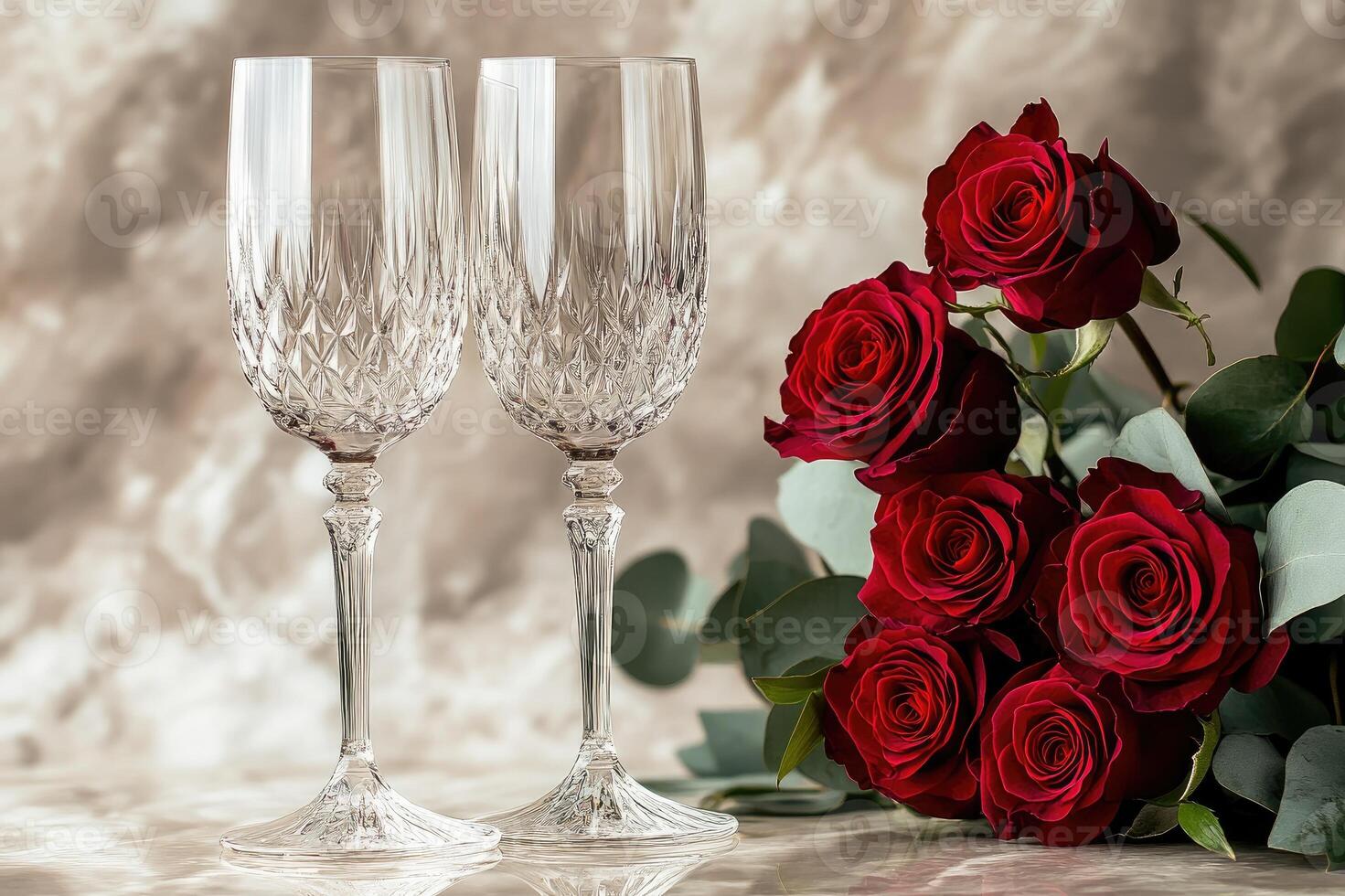 Crystal champagne flutes and red roses creating romantic atmosphere photo