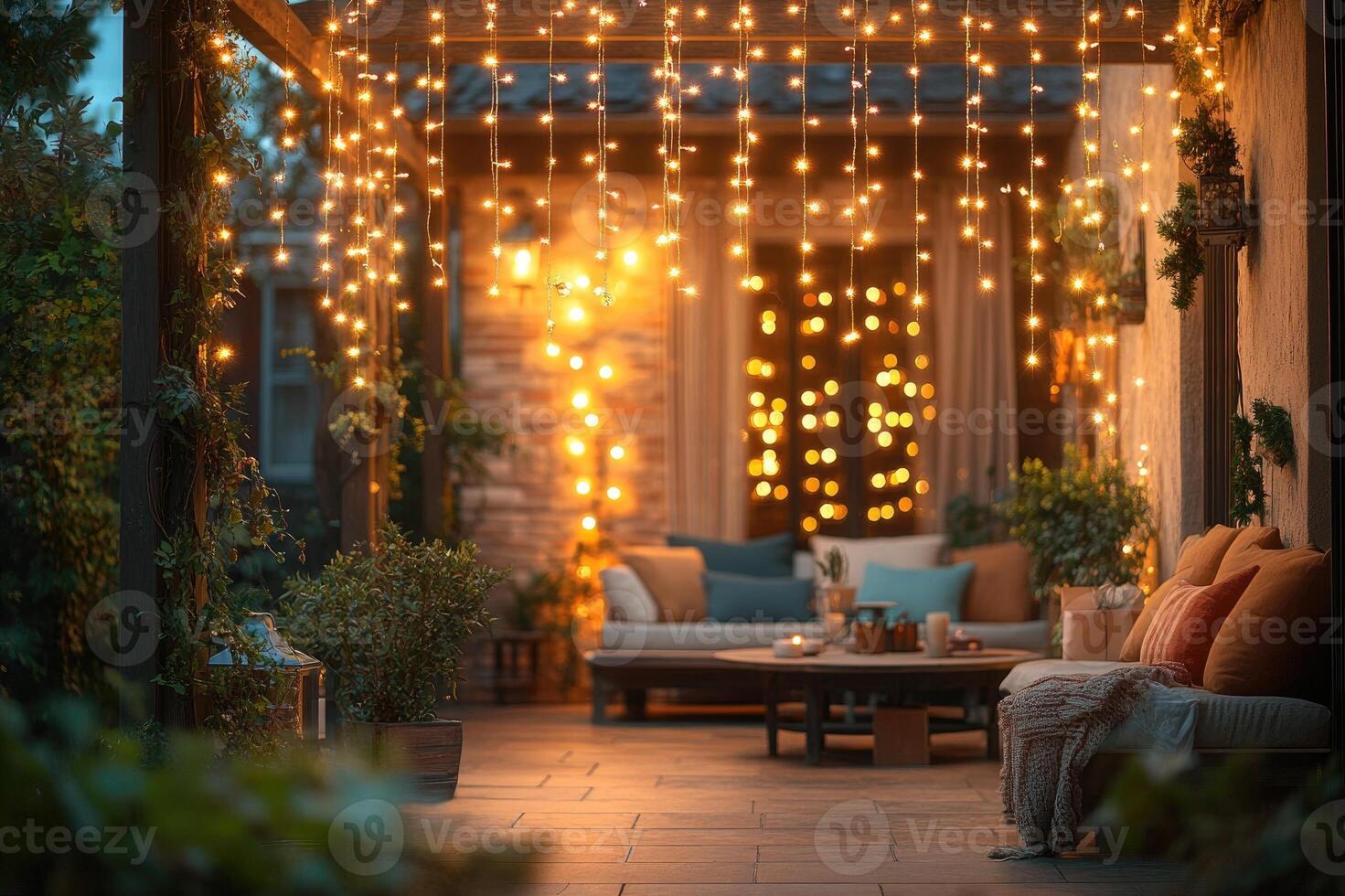 Cozy patio decorated with string lights creating a warm ambiance for relaxing evenings photo