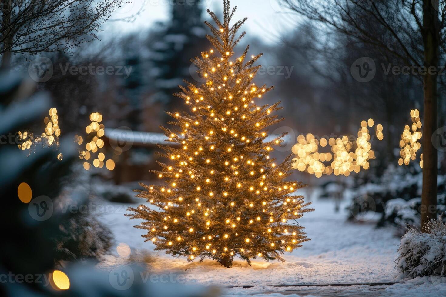 Christmas tree shining in snowy garden at twilight photo