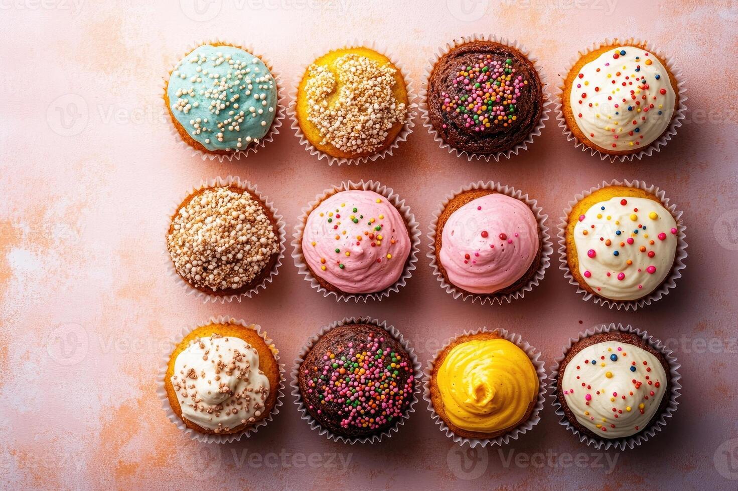 Delicious assorted cupcakes with colorful frosting and sprinkles forming a perfect grid on pink background photo