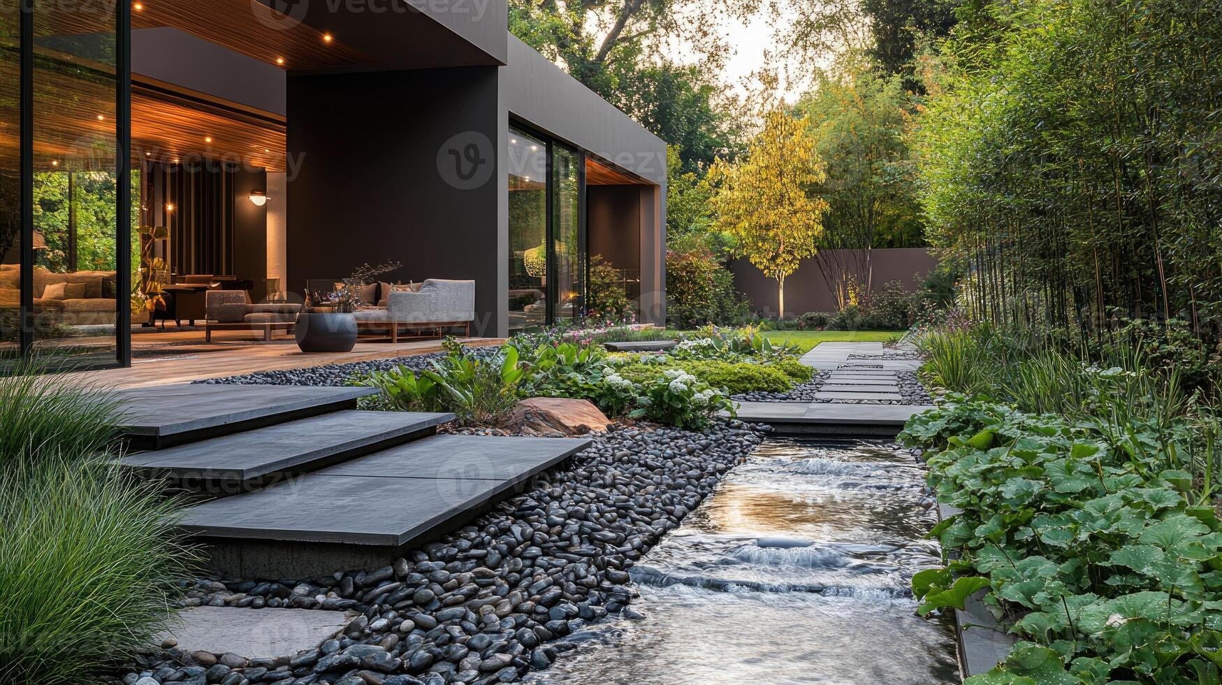 Modern luxury home exterior with landscaped garden featuring a stream and stepping stones photo