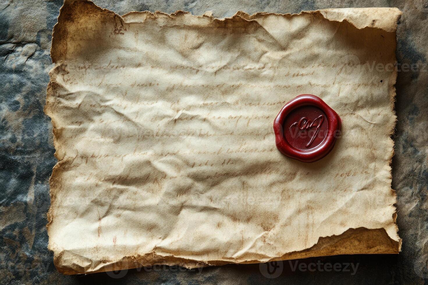 Old paper with red wax seal on wooden table photo