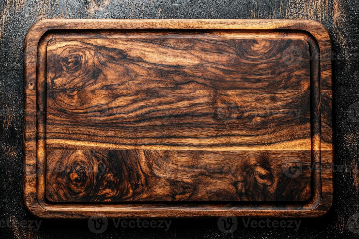 Rectangular empty dark wooden cutting board lying on black table photo