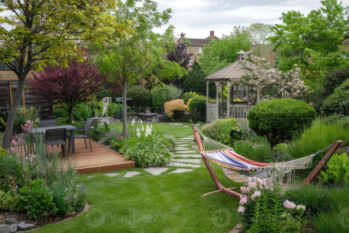 Hammock and gazebo inviting relaxation in lush backyard garden photo