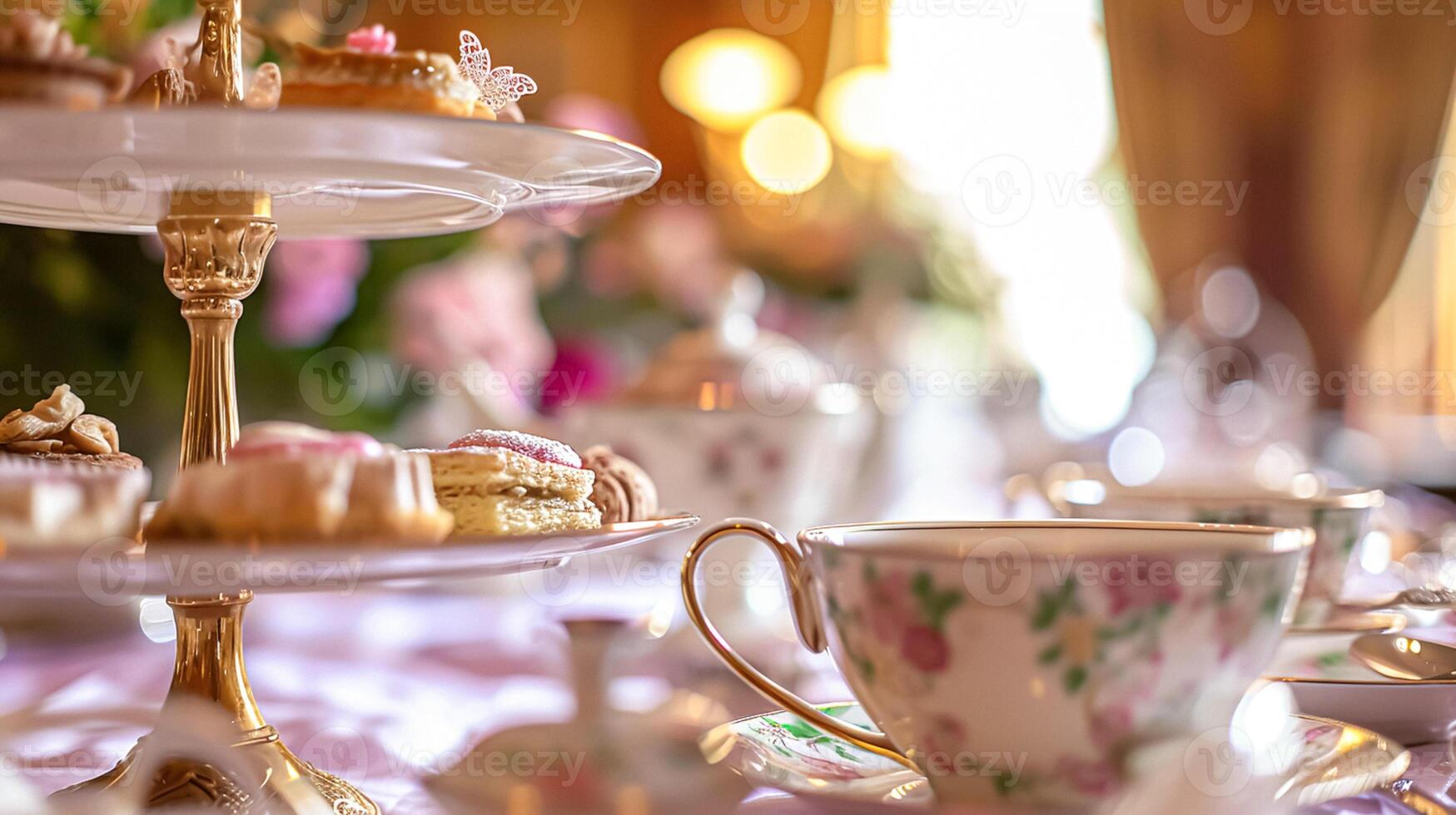 Elegant table setting for tea party with cakes and cupcakes in English manor. Vintage style. photo