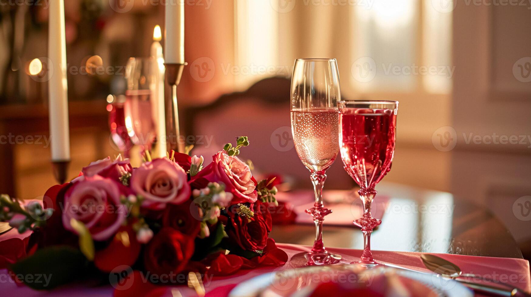 Festive table setting with candles and arrangement of beautiful red flowers. Holiday concept photo