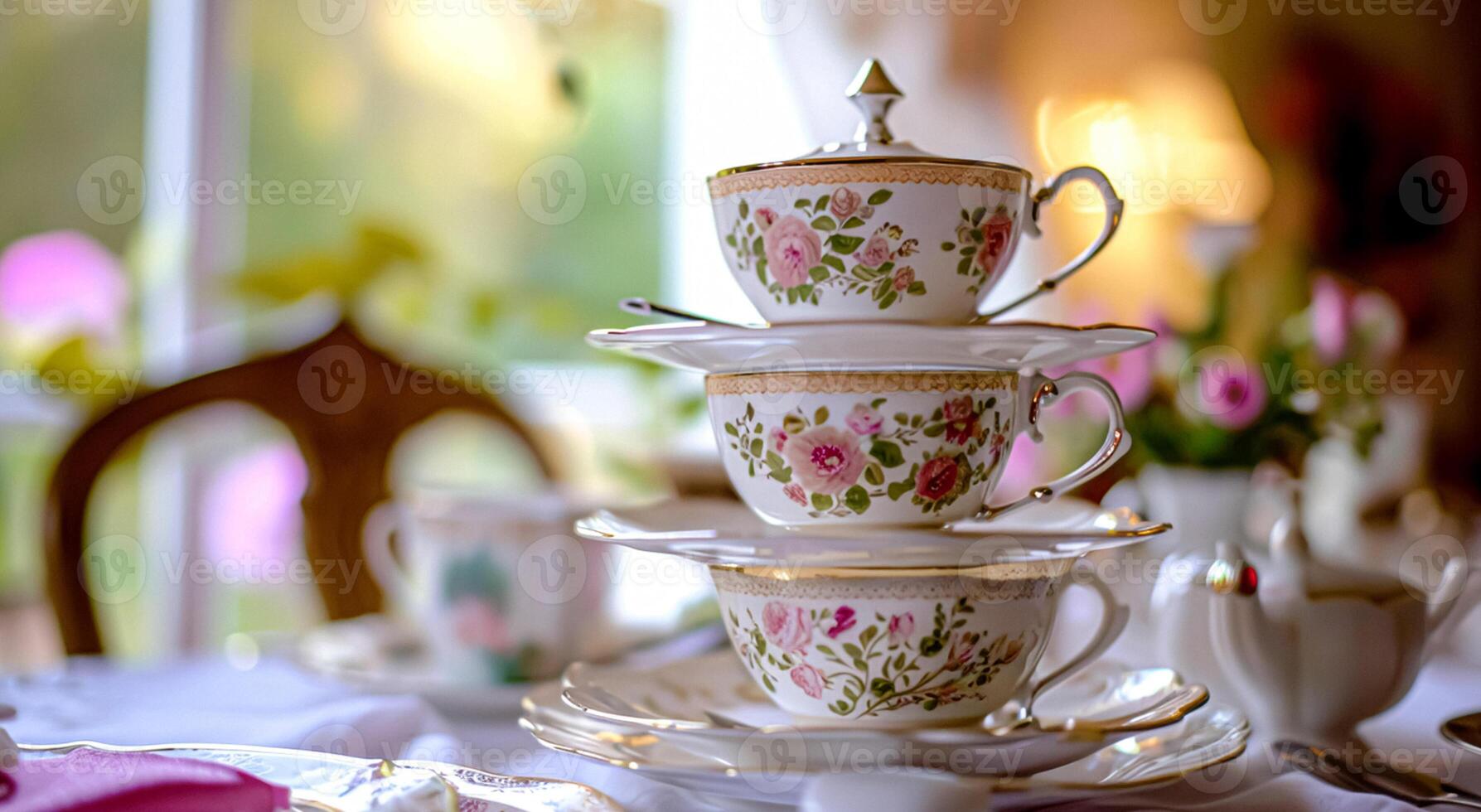 Elegant table setting for tea party with cakes and cupcakes in English manor. Vintage style. photo