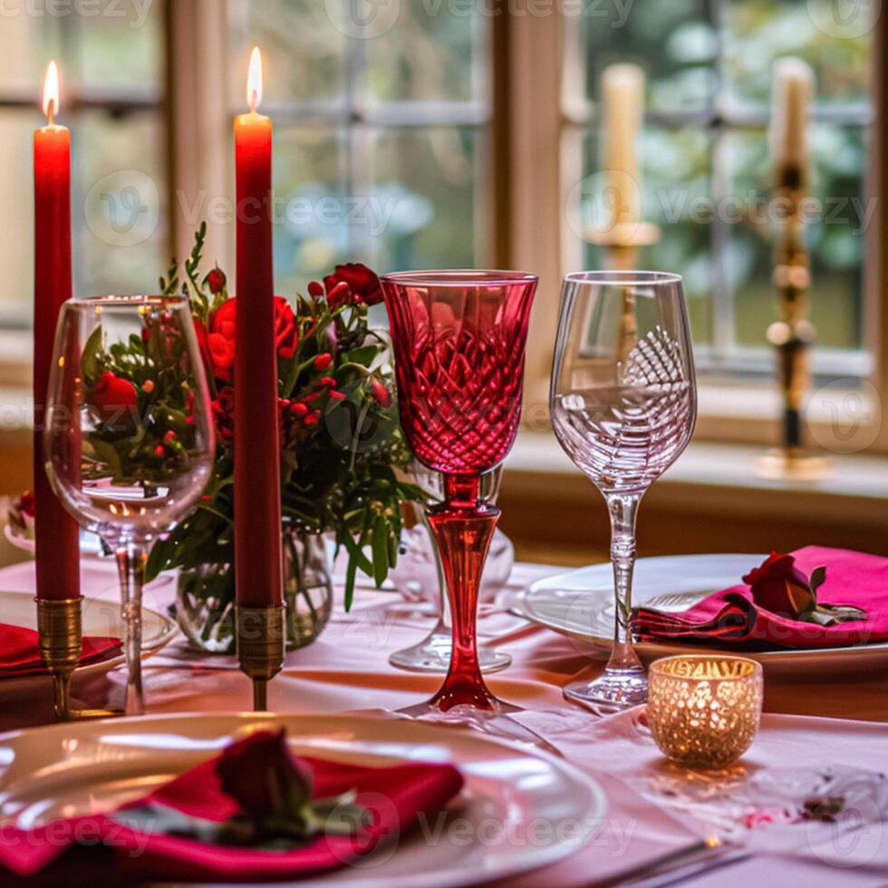 Festive table setting with candles and arrangement of beautiful red flowers. Holiday concept photo