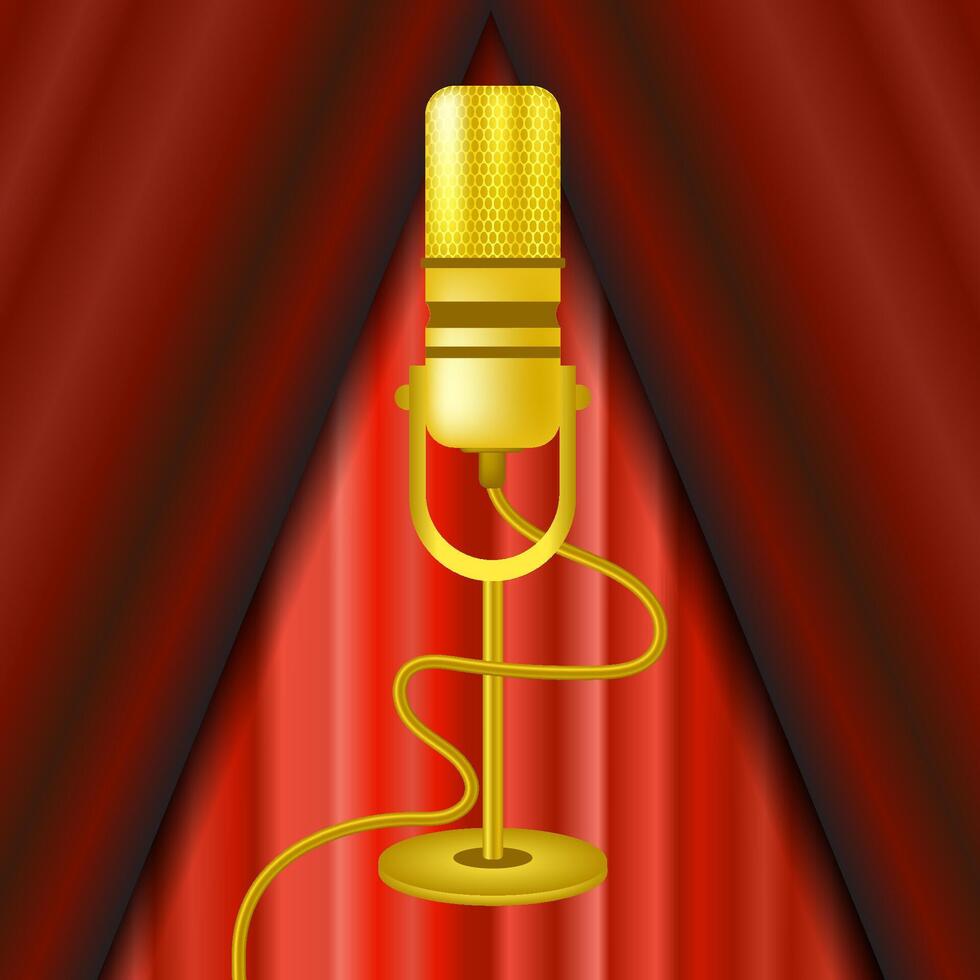 Retro Gold Microphone Icon Isolated on Red Curtain Background. vector