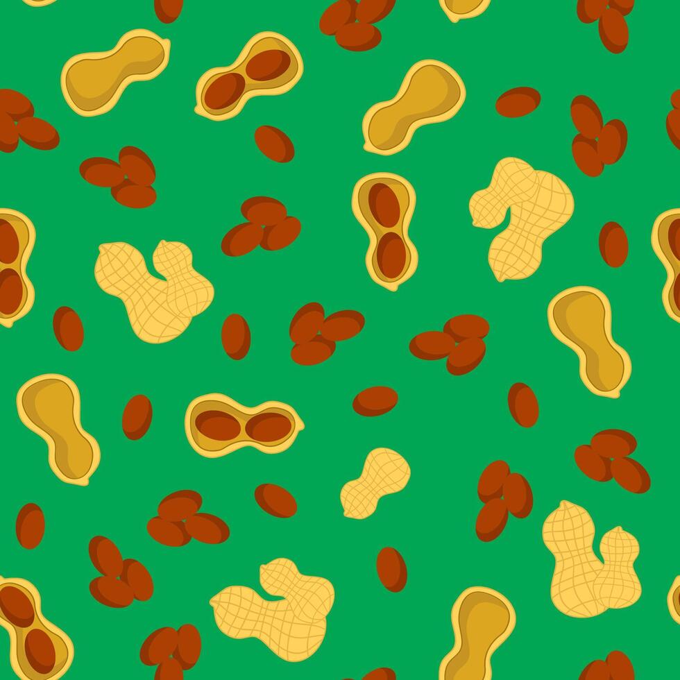 Tasty Peanut Seamless Pattern Isolated on Green Background. Nut Seeds. vector