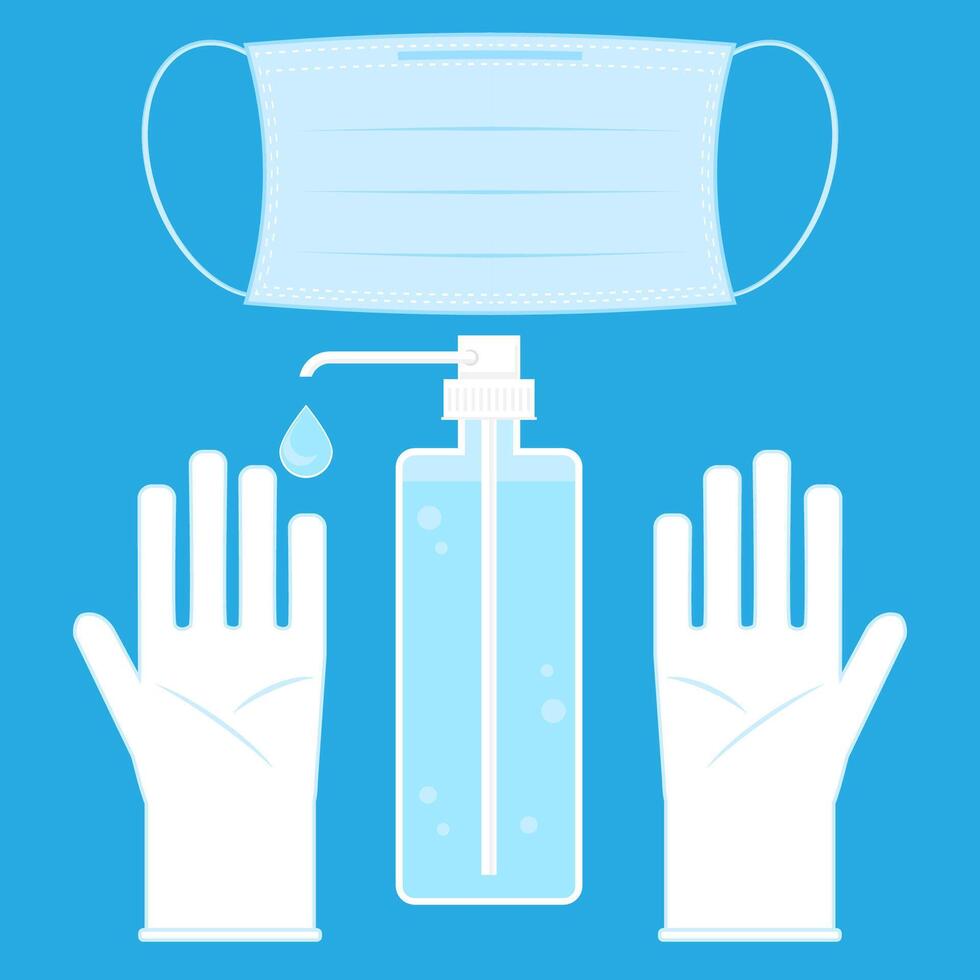 Hand Wash Gel Icon. Medical Sanitizer Symbol. Liquid Soap with Pumping from Bottle for Desinfection. Plastic Dispenser. Cleanser for Hygiene. Mask and Cloves. vector