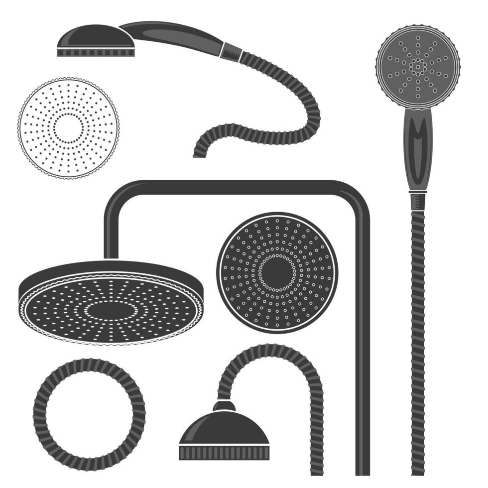 Set of Different Bath Shower Head Icon Isolated on White Background. Bathroom Collection. Flat Design. vector