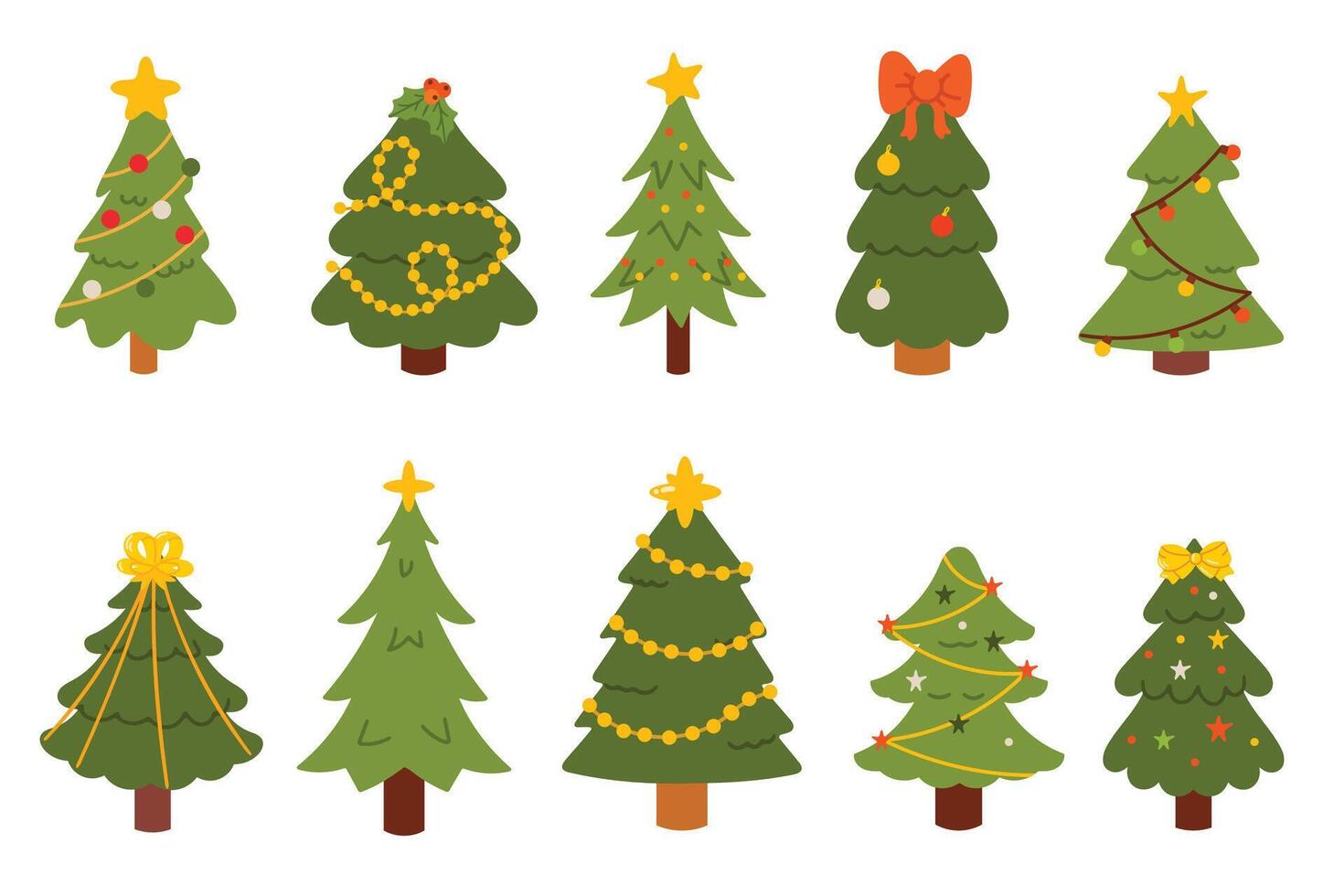 Set of Christmas trees with different decorations. Evergreen forest. Holiday design for cards, banners, packaging and textiles. Traditional symbol of Christmas and New Year. Flat illustration. vector