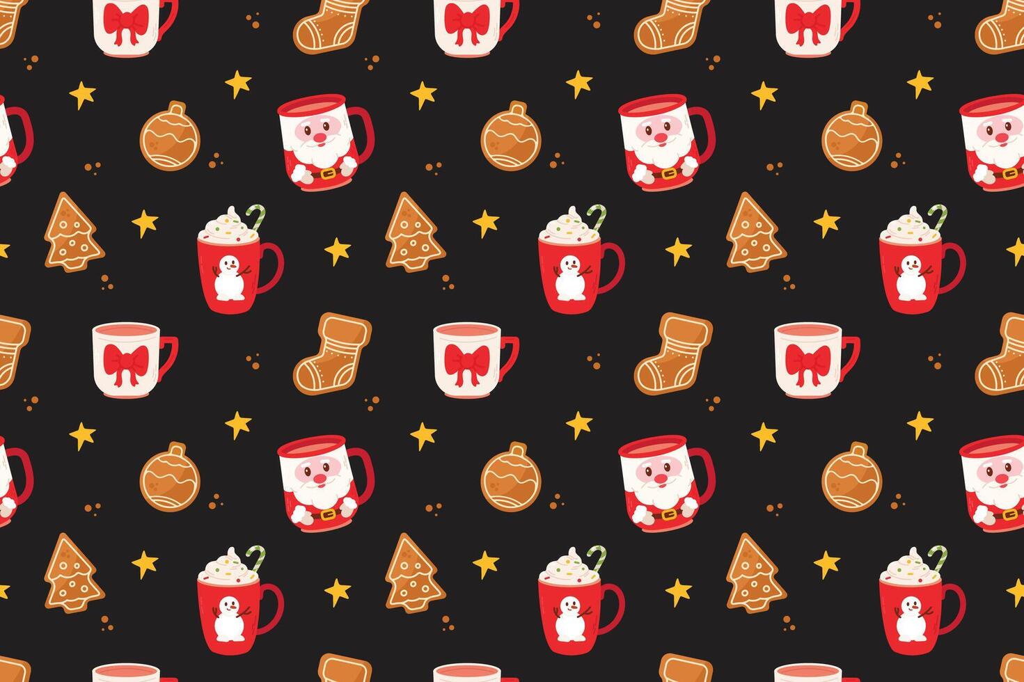 Christmas seamless pattern with cup of hot drink and gingerbread on black background vector