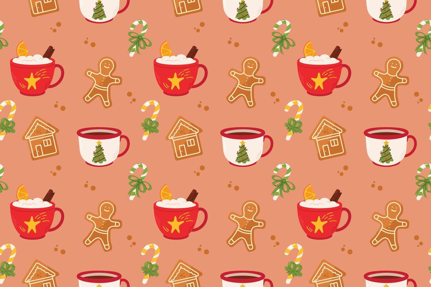 Seamless pattern with gingerbread man, cup of hot chocolate, Christmas tree, candy cane and gingerbread house. vector