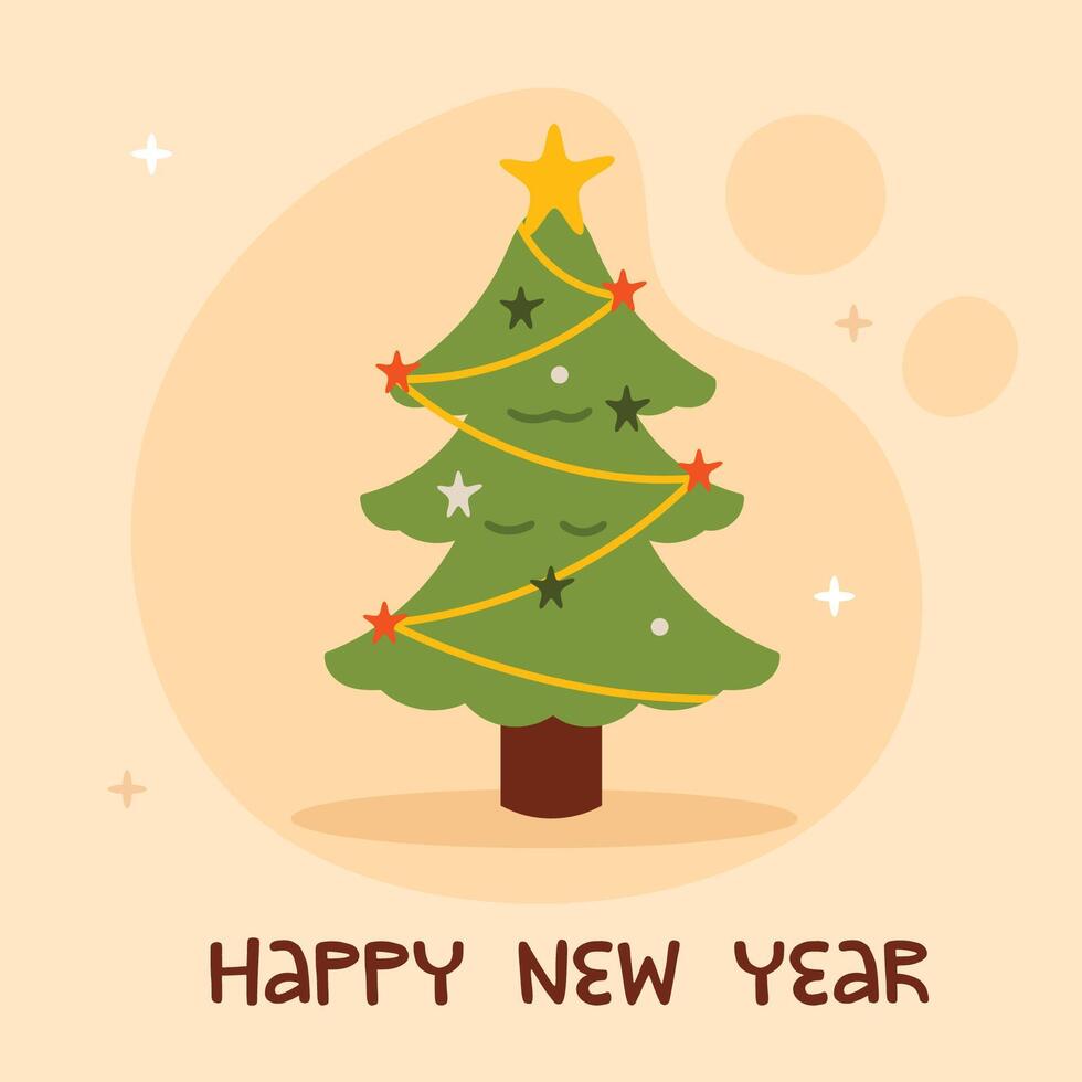 Merry Christmas simple card Christmas tree with star and garland Flat christmas tree illustration vector