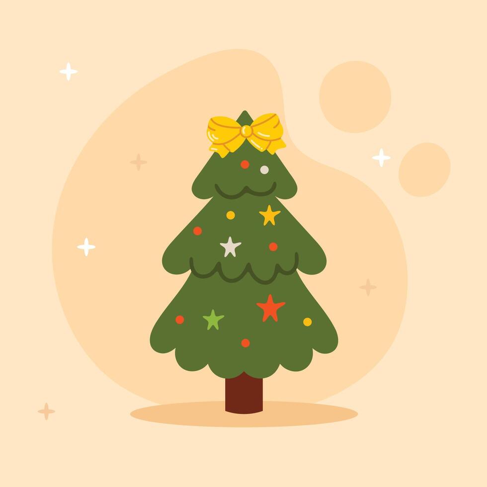 Merry Christmas simple card Christmas tree with stars Flat christmas tree illustration vector