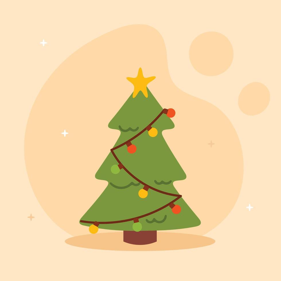 Merry Christmas simple card Christmas tree with garland Flat christmas tree illustration vector