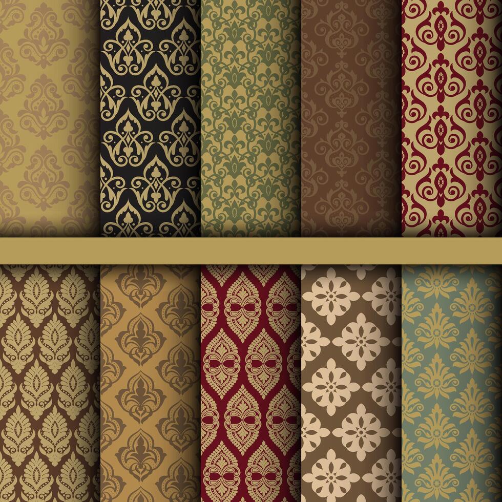 Geometric floral set of seamless patterns. backgrounds. Damask graphic ornaments. vector