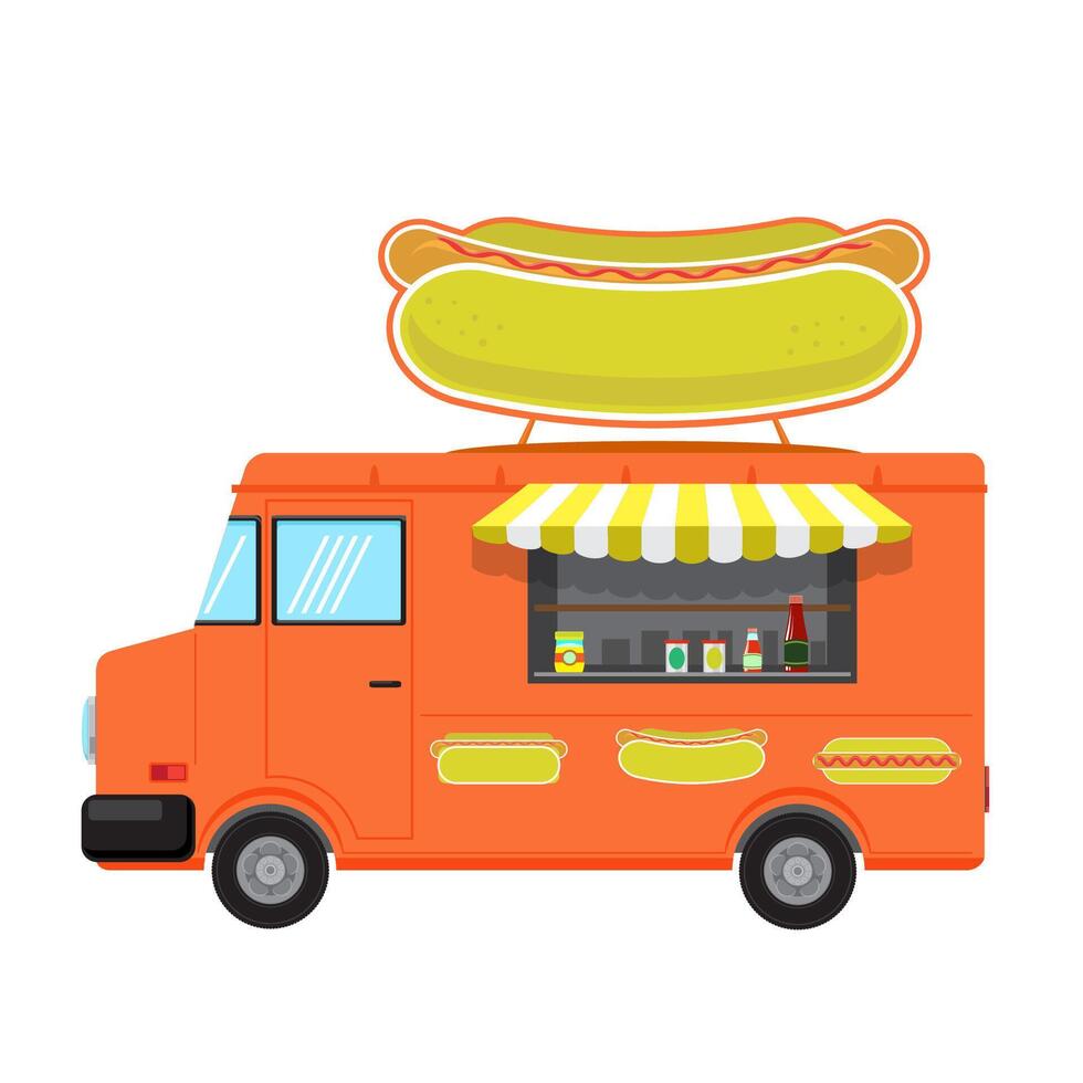 Orange Food Truck with Big Hot Dog on Top Isolated on White Background. vector